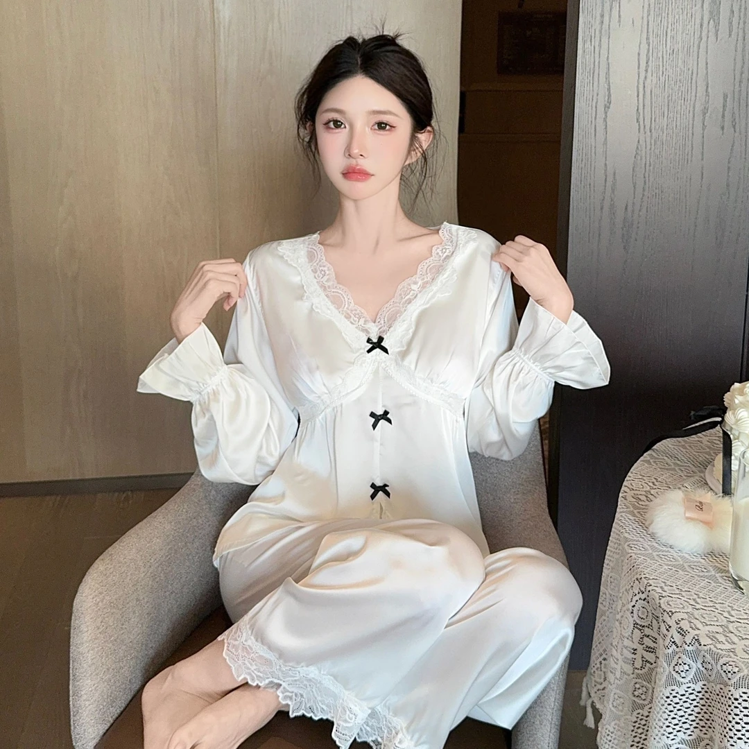 睡衣女春秋季冰丝性感白色纯欲长袖薄款蕾丝法式纯欲带胸垫家居服