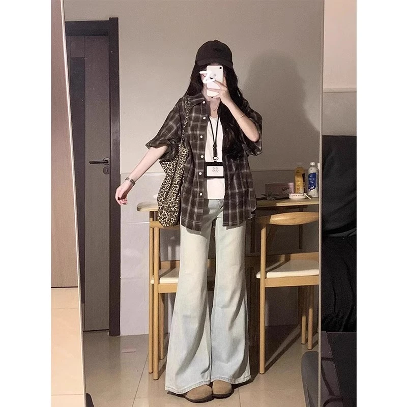 雪千羽浅蓝微喇牛仔裤女2025春夏新款美式复古宽松显瘦垂感拖地裤