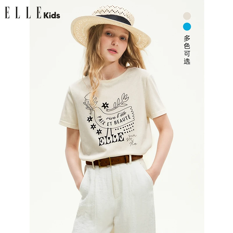 ELLE KIDS 轻薄竹节棉印花T恤女儿童夏季新款宽肩圆领撞色上衣X2