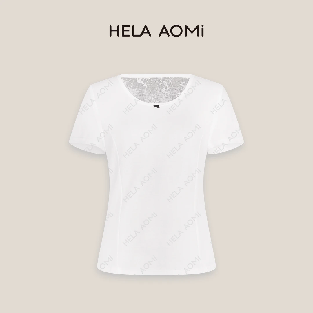 HELAAOMI “曲线T”圆领蕾丝短袖T恤修身洋气短款上衣CY5BB23613