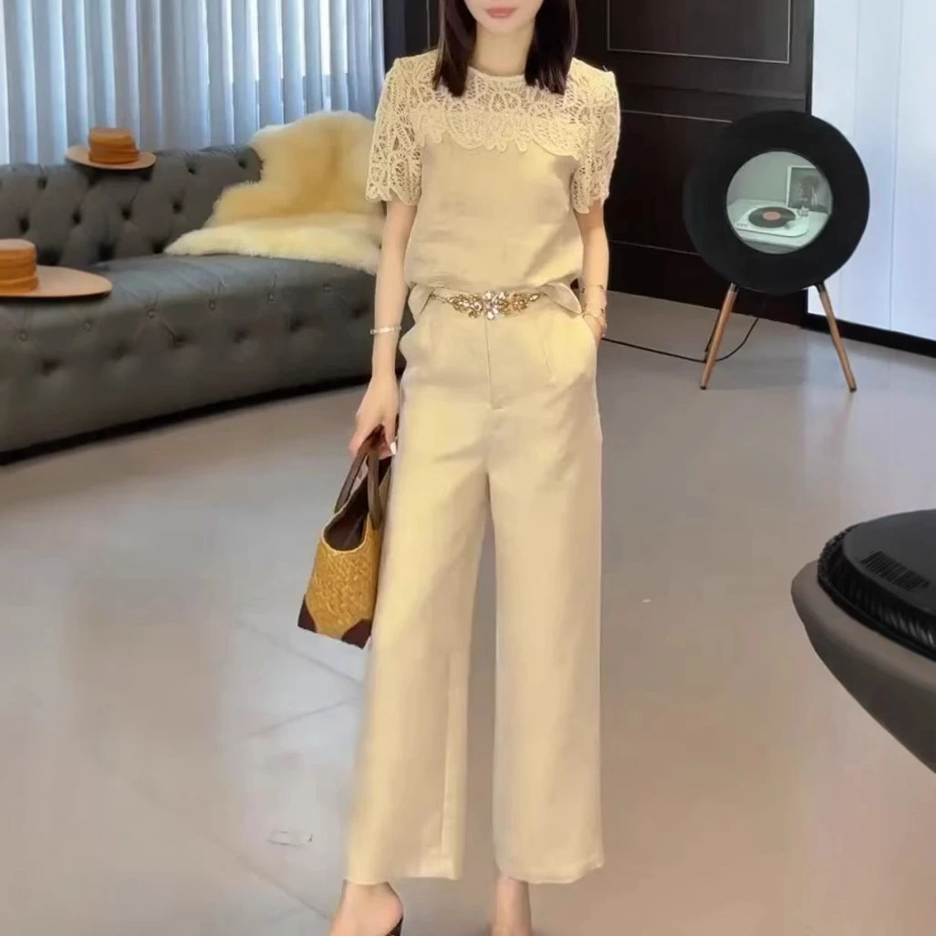 2025夏季新款高级感镂气质空蕾丝拼接洋气显瘦两件套时尚百搭高腰