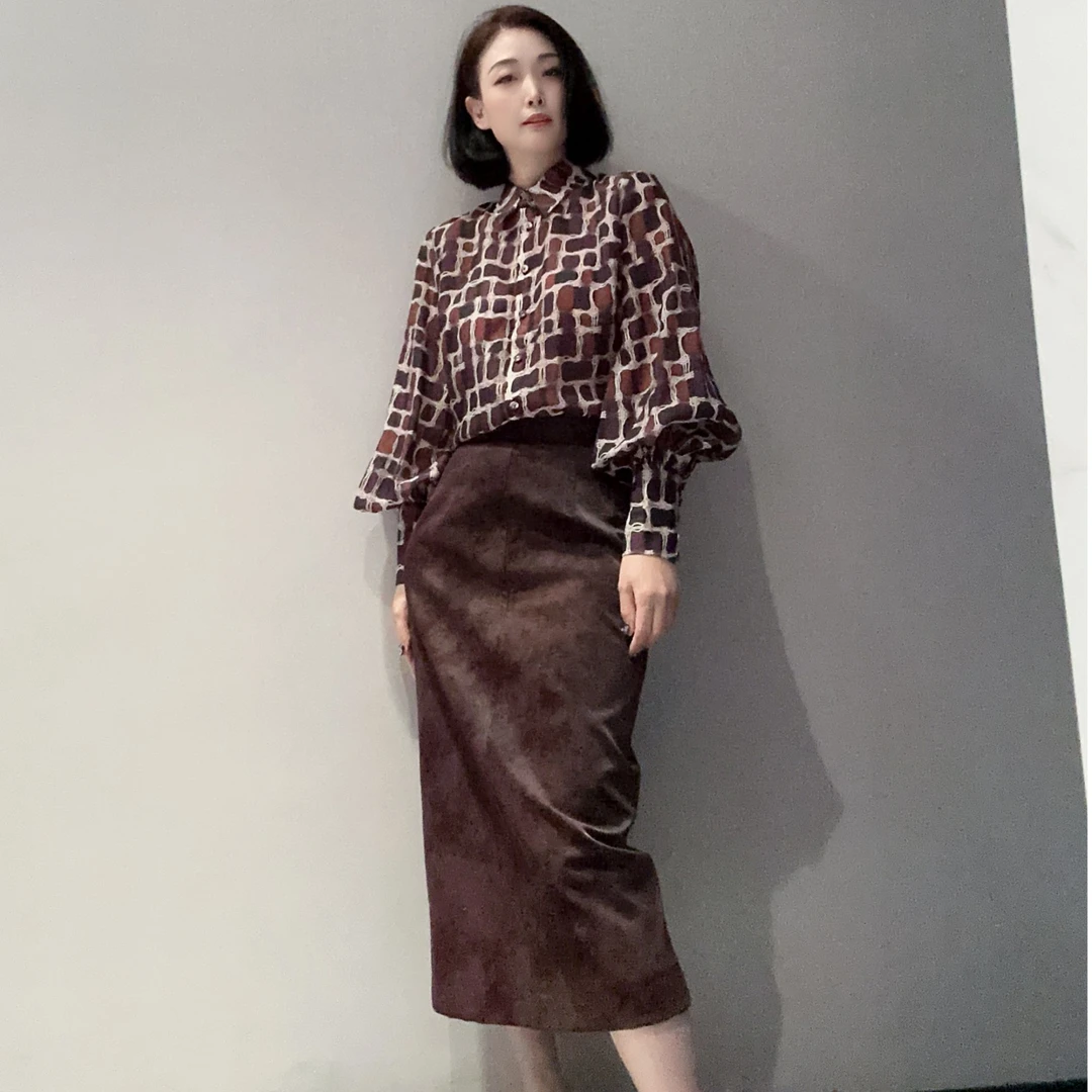 小众设计百搭复古翻领长袖粘纤印花衬衣衬衫MT10267