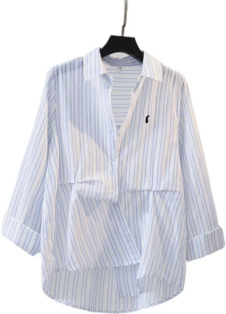 纯棉条纹长袖衬衫女装秋季新款法式小众设计感polo领宽松别致衬衣