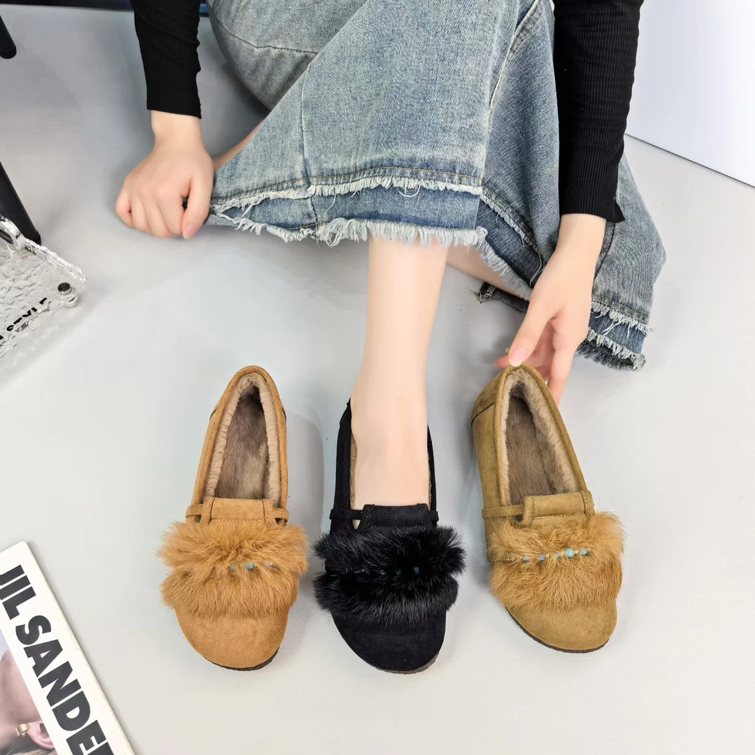 H-56冬季新款圆头舒适时尚百搭加绒保暖平底一脚蹬豆豆鞋