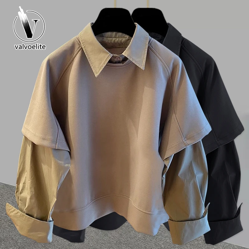 VALVOELITE假两件长袖衬衫男春秋季韩版潮青少年休闲宽松套头卫衣