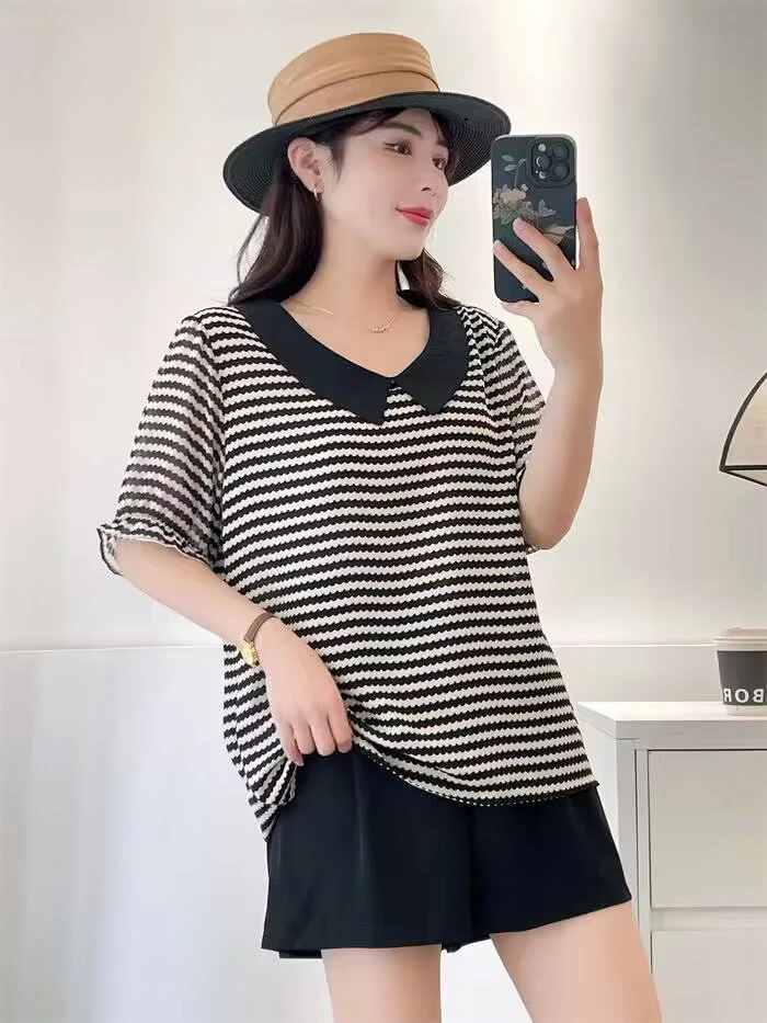 娃娃领黑色条纹短袖夏季新款小衫减龄洋气薄款宽松雪纺上衣2388