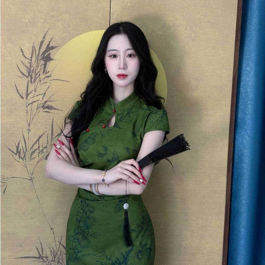 LHMknk1画报夫人原创自制新中式高级旗袍连衣裙 玲珑青梅煮酒短袖