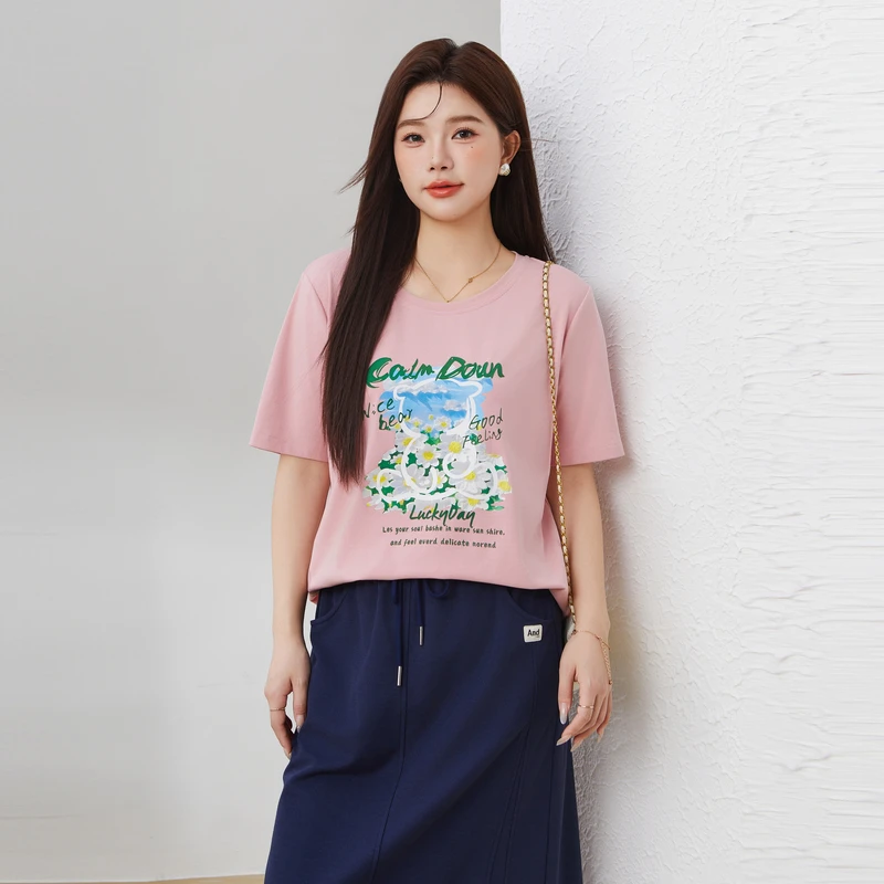 采多宝大码女装宽松圆领奶油风印花上衣 EXZ3007