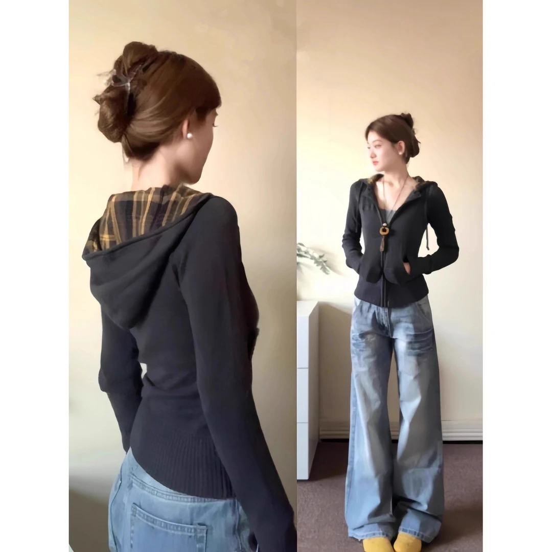 美式复古格子连帽毛衣外套女秋冬季修身收腰针织开衫辣妹上衣