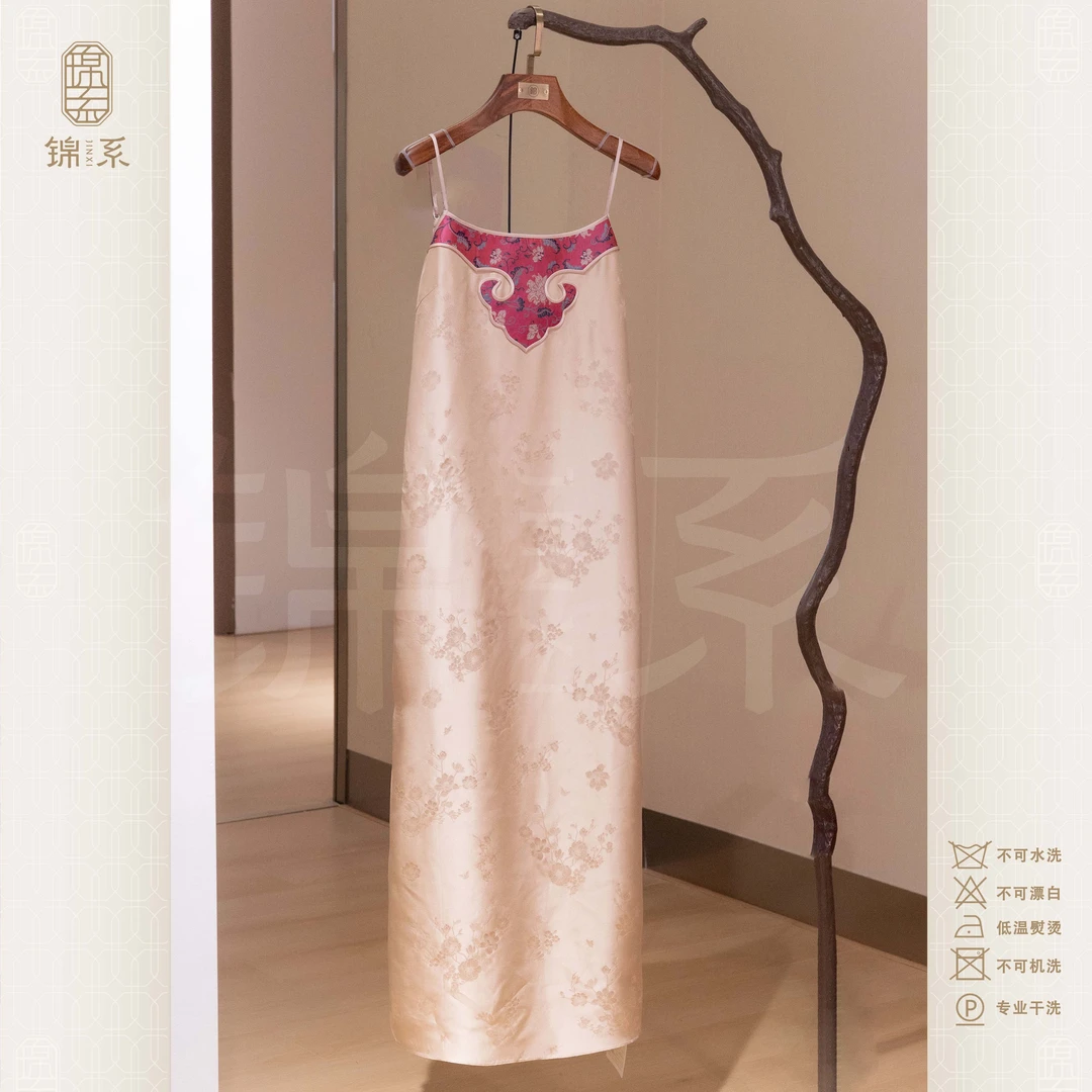 【锦系】桑波缎新中式国风桑蚕丝绣花吊带连衣裙L-383088