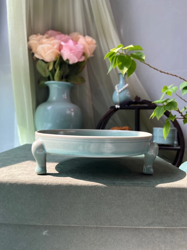 格物汝官窑纯手工原矿仿古釉三足盘壶承笔洗传世器