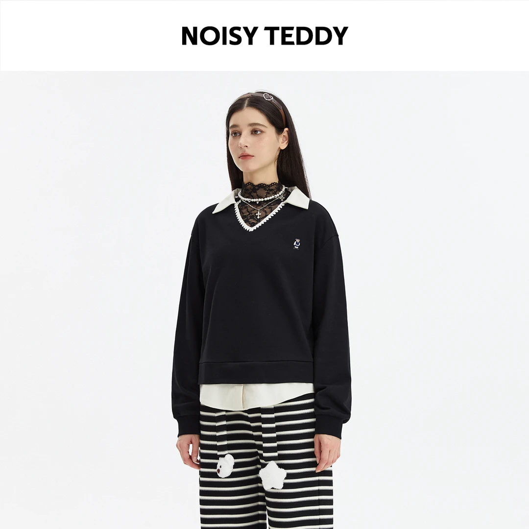 NOISY TEDDY25年秋季新款时尚假两件女士V领长袖套头卫衣宽松休闲