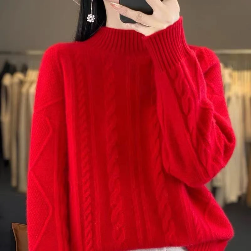 加厚100羊毛衫女半高领套头扭花宽松长袖毛衣时尚打底衫2351