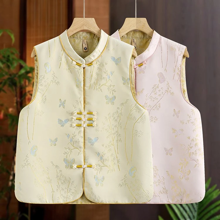 春秋时尚中式国潮复古中国风女装马夹立领提花民族风无袖马甲