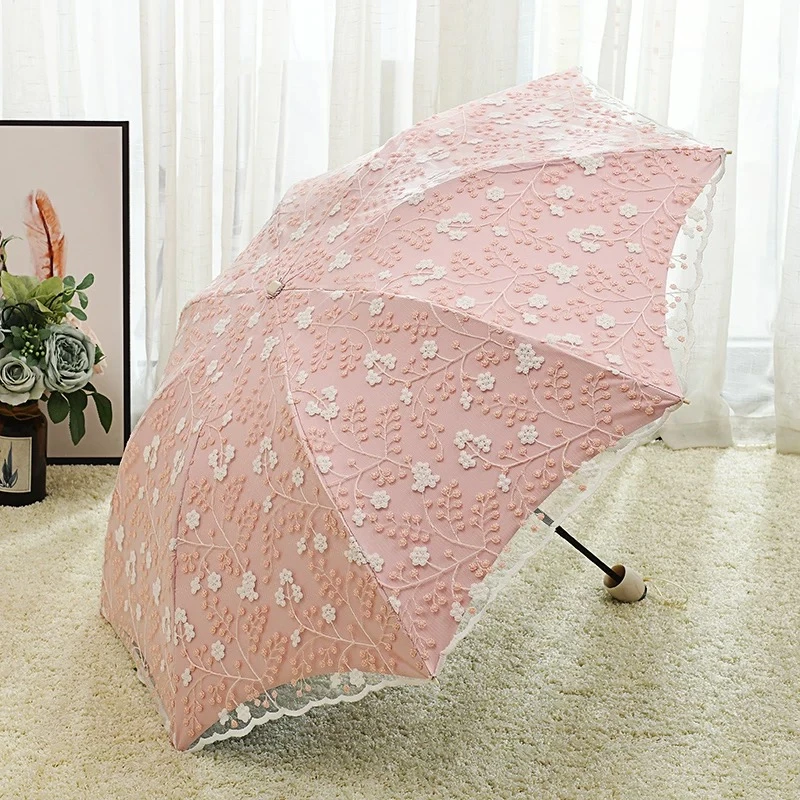 刺绣伞防紫外线太阳伞遮阳雨伞防晒双层蕾丝黑胶折叠晴雨两用清新