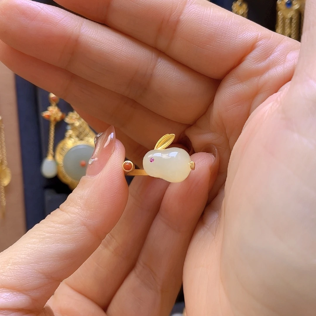 和田玉银S925镀金镶嵌戒指