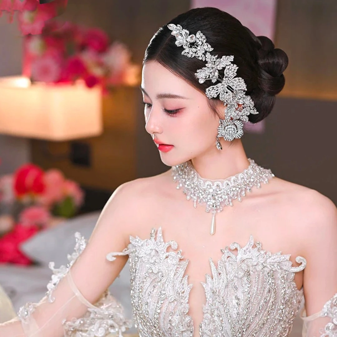 7818韩式创意花朵高级感闪亮婚纱边夹头饰耳环套装新娘写真配饰