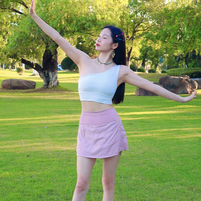 【运动短裙-假两件网球裙】高腰健身跑步瑜伽防走光条纹百褶裙裤女