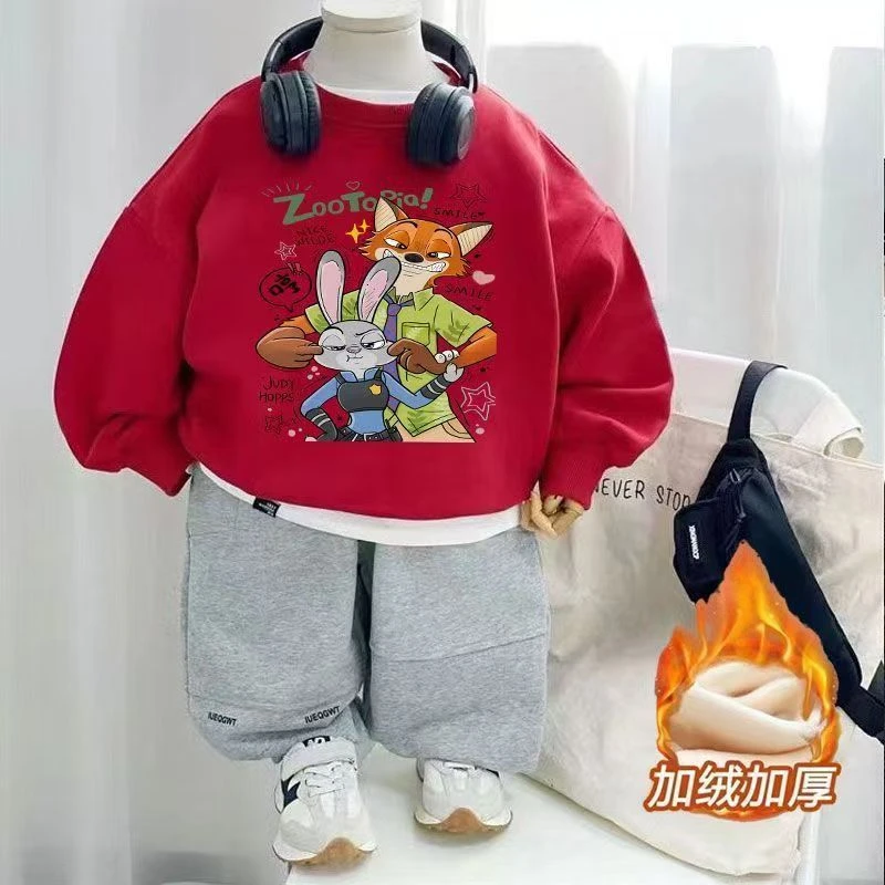 儿童秋冬季新款韩系圆领加绒卫衣大小童宝宝疯狂动物城卡通上衣潮