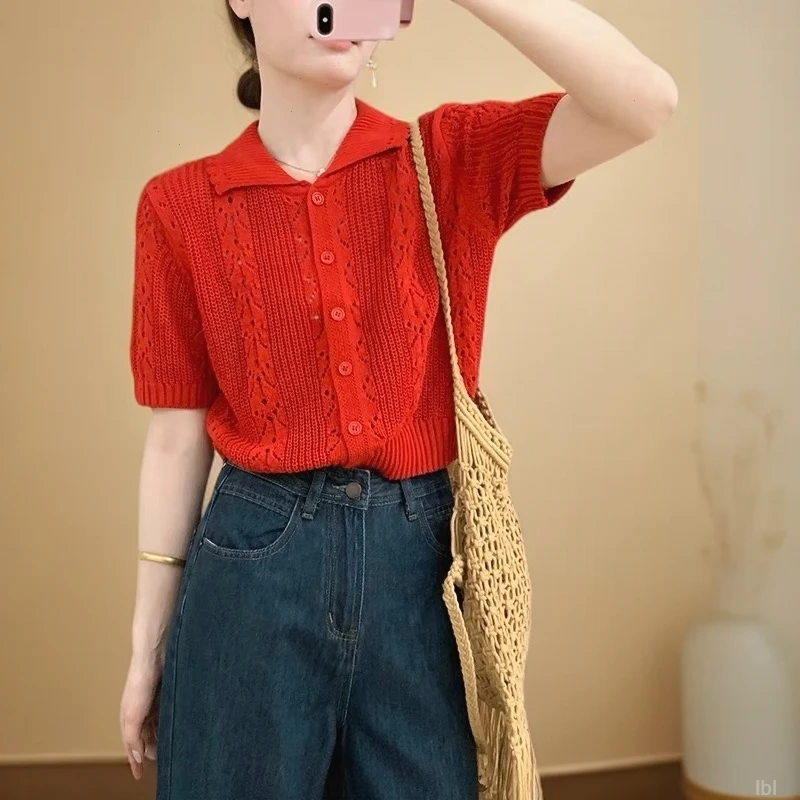 2025夏季甜美娃娃领镂空针织T恤温柔风超好看简约宽松显瘦上衣女
