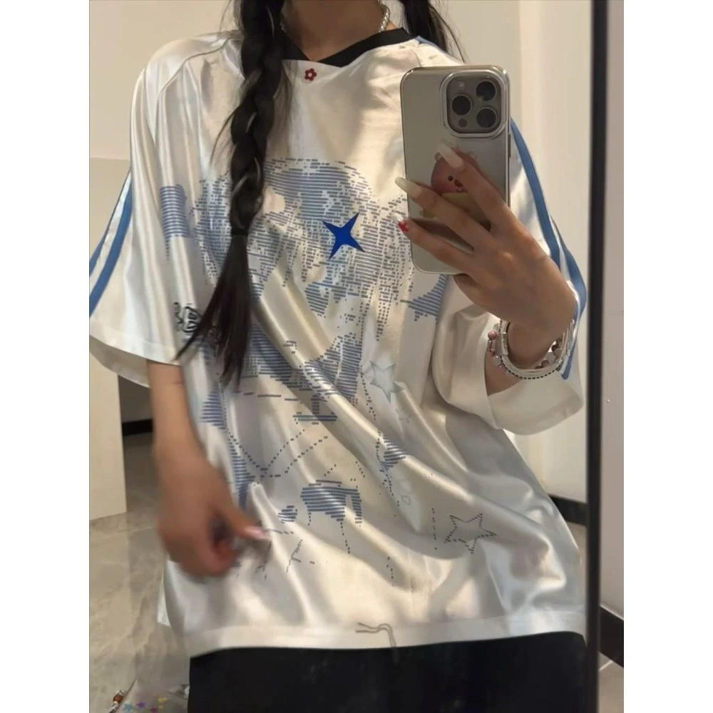 美式小众设计创意卡通印花甜酷风T恤球衣女夏季宽松V领上衣