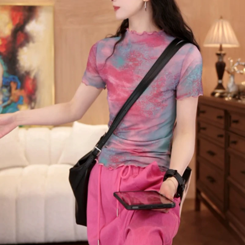 木耳边印花短袖t恤女2025年夏季新款网纱薄款小衫修身显瘦短上衣