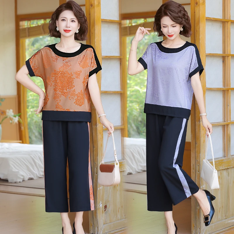夏季圆领短袖妈妈套装中老年女装时尚大气减龄宽松休闲两件套2025