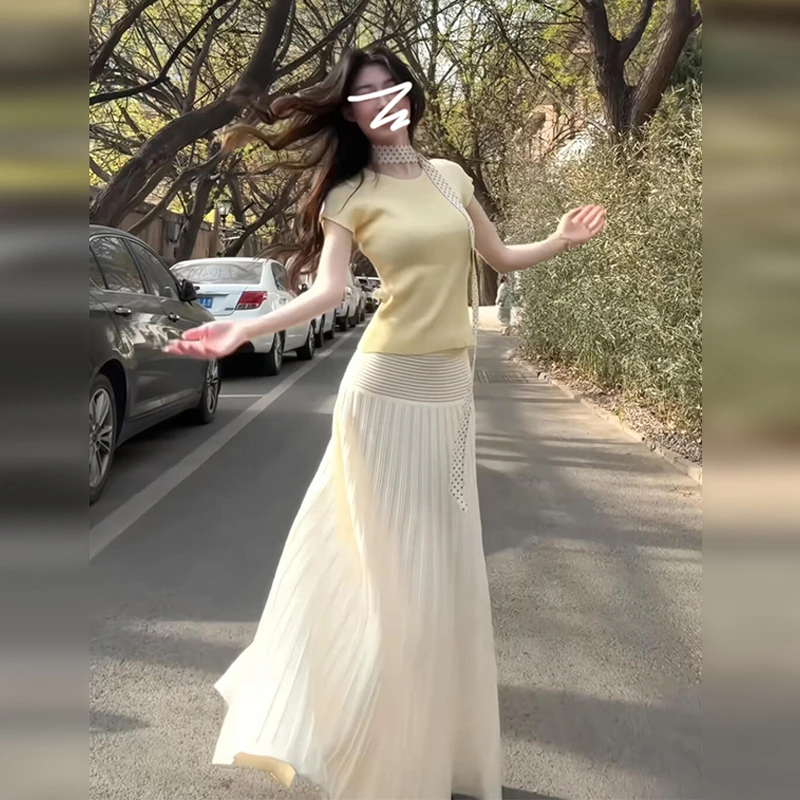 夏日短袖半身裙子女绝美穿搭一整套装2025新款高级感长裙2578