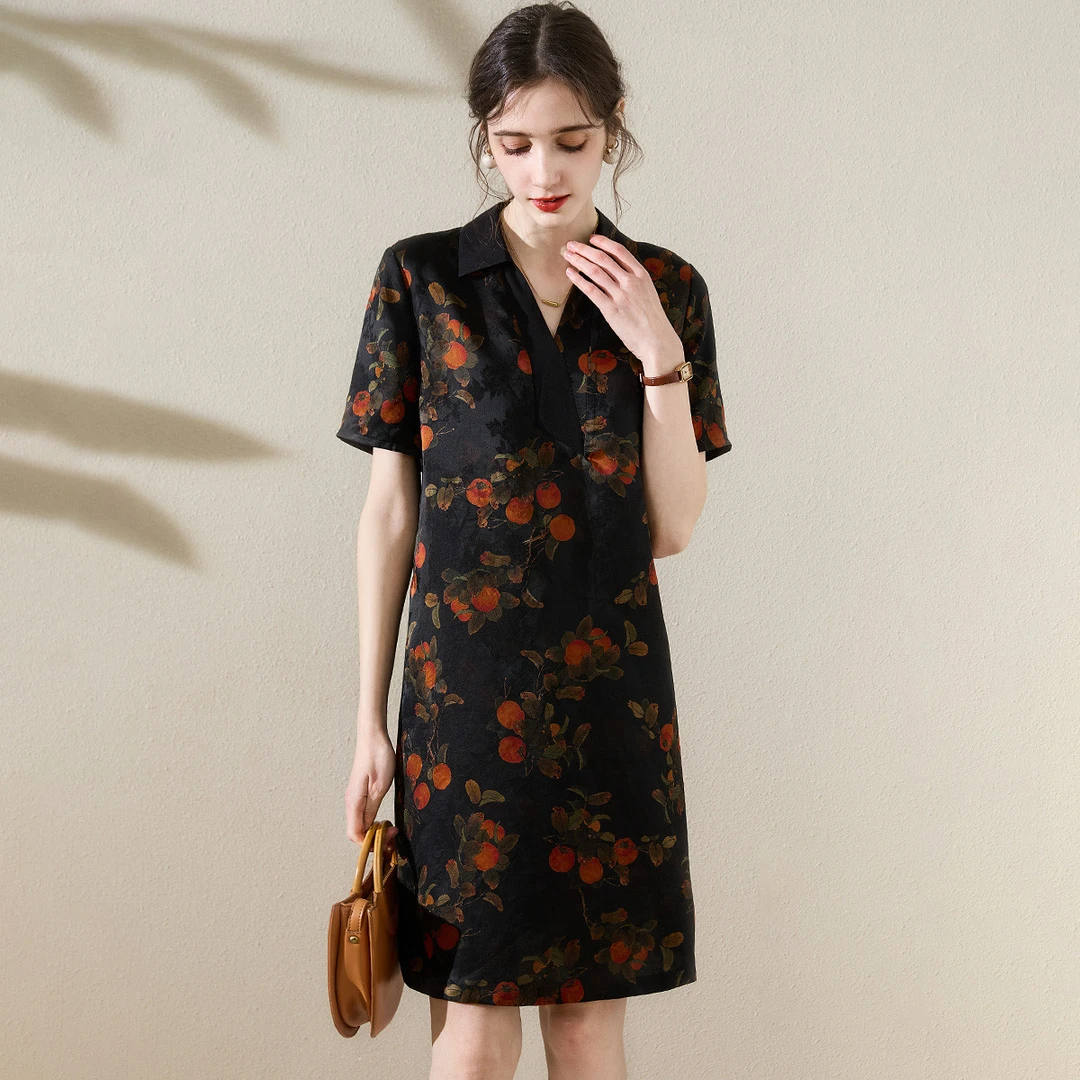 TUHUANG/兔皇香云纱国风真丝柿柿如意印花2025夏季连衣裙TW688559