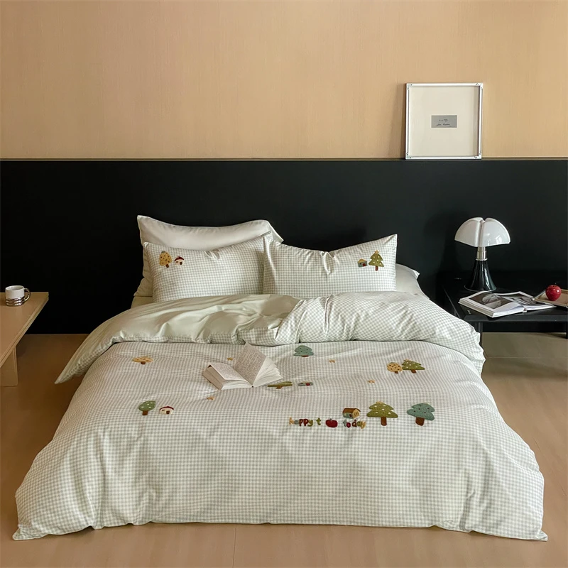 小清新 ins风四季可用长绒棉贡缎小格子可爱卡通全棉四件套