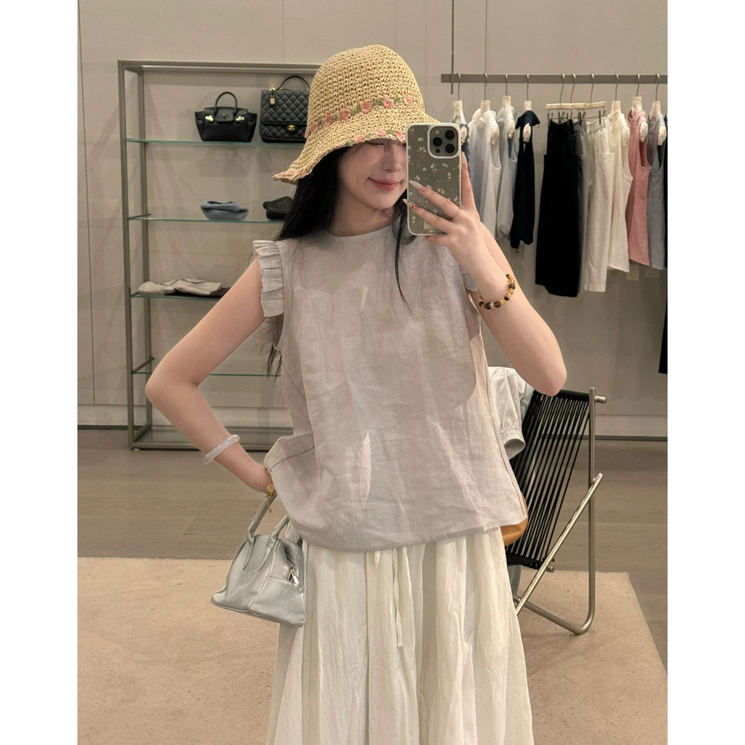 韩系温柔风无袖木耳边背心小衫女设计感百搭显瘦简约上衣