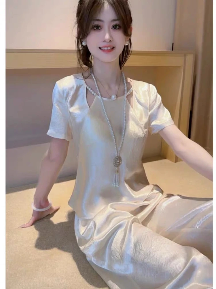 【芳珍】2025夏季T恤新中式短袖珍珠修身洋气时尚薄款短袖T恤