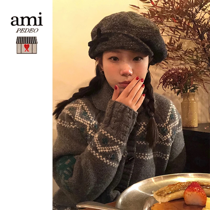 正品AMI PEDEO复古丝绒蝴蝶结八角贝雷帽女秋冬显脸小韩版报童帽
