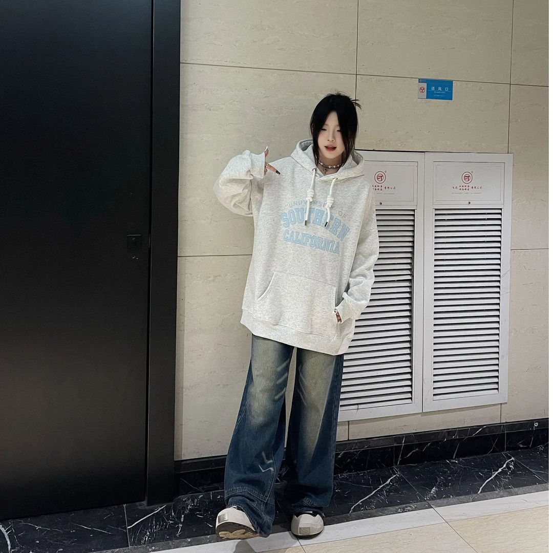 2025新款韩版撞色贴布刺绣字母休闲宽松ins男女连帽卫衣