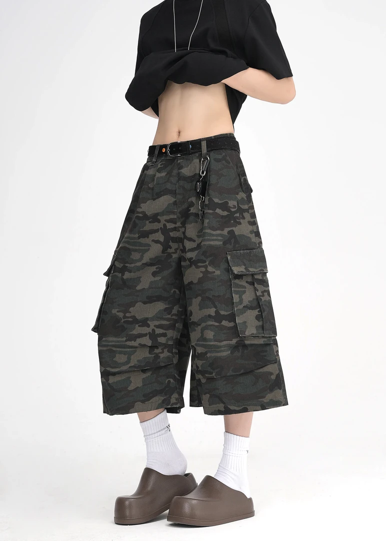 美式复古水洗做旧迷彩阔腿牛仔短裤男女新款宽松直筒七分裤