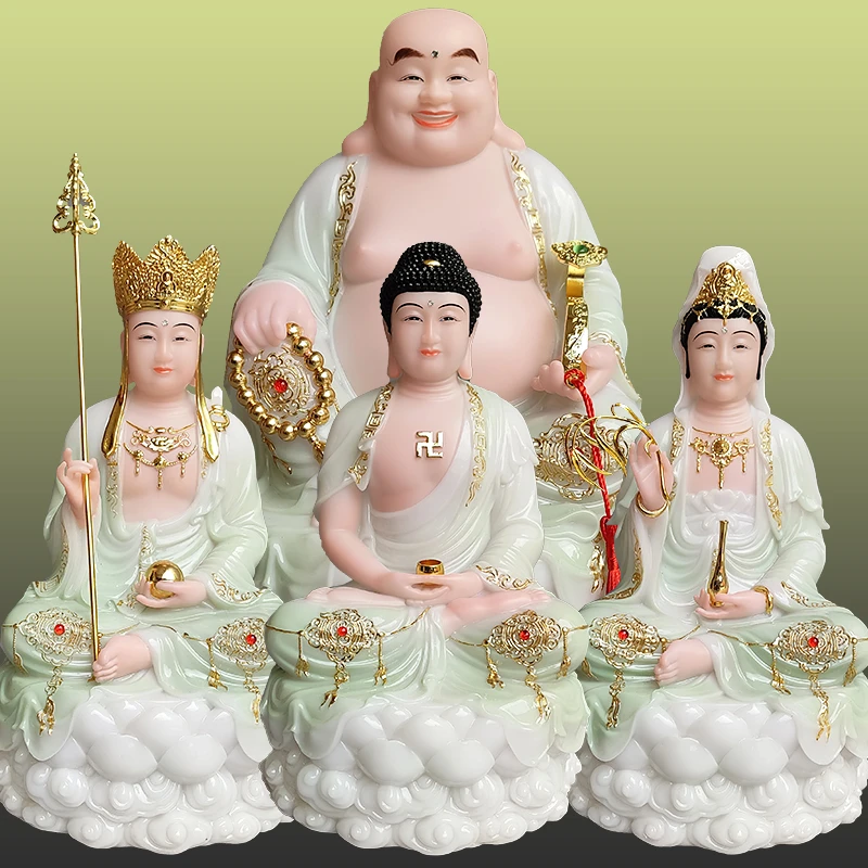 新款汉白玉精工彩绘全堂佛娑婆四圣释迦观音弥勒佛地藏王居家摆件
