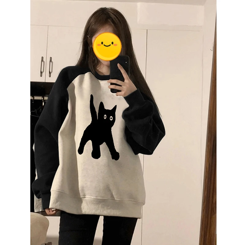 【现货+运费险】卡通搞怪猫咪印花插肩圆领卫衣女早春新款加绒加厚