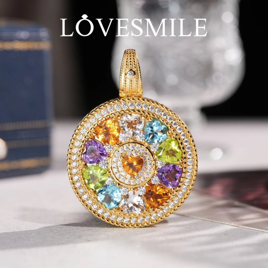 S925银水晶吊坠五彩拼镶八宝罗盘设计时尚大气