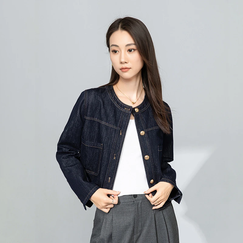 鑫阁活性染色早春新款经典小香圆领百搭小个子明线贴袋牛仔外套女