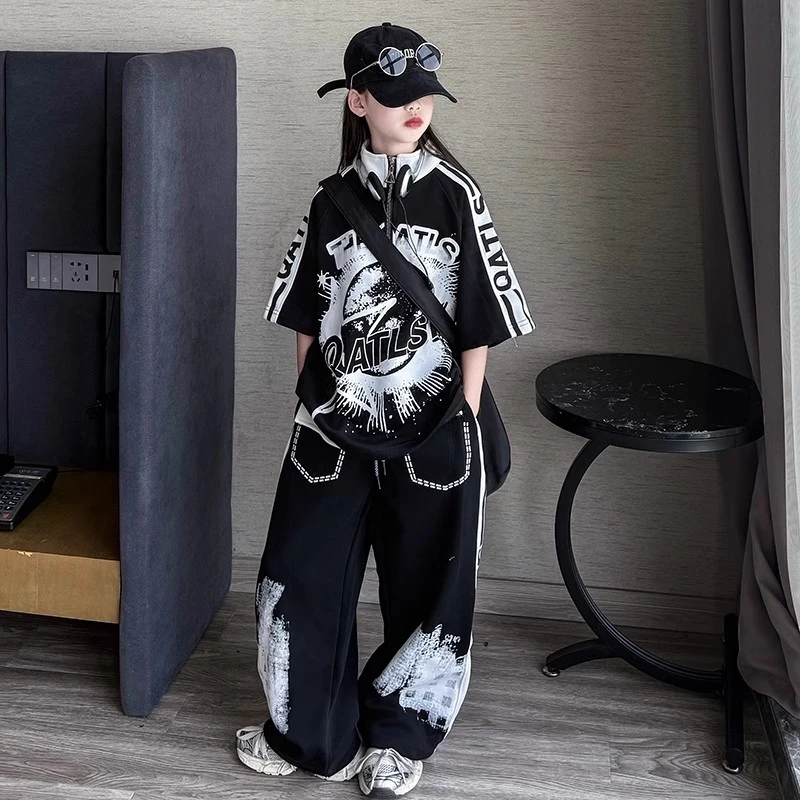女童半拉链短袖涂鸦嘻哈套装2025儿童街舞hiphop炸街演出潮服套装