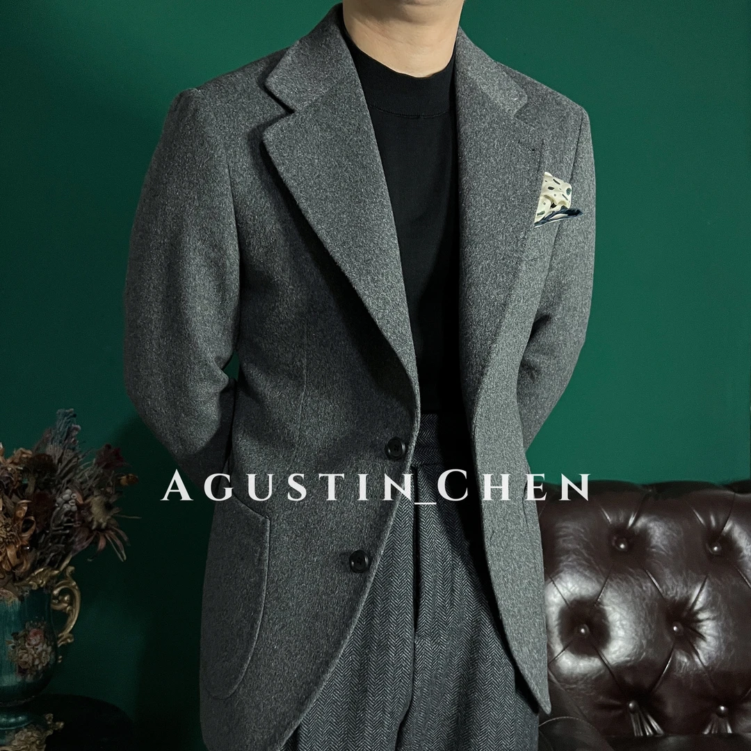 Agustin_Chen 秋冬意式粗纺【羊毛】修身西服双开叉加厚平驳领单西