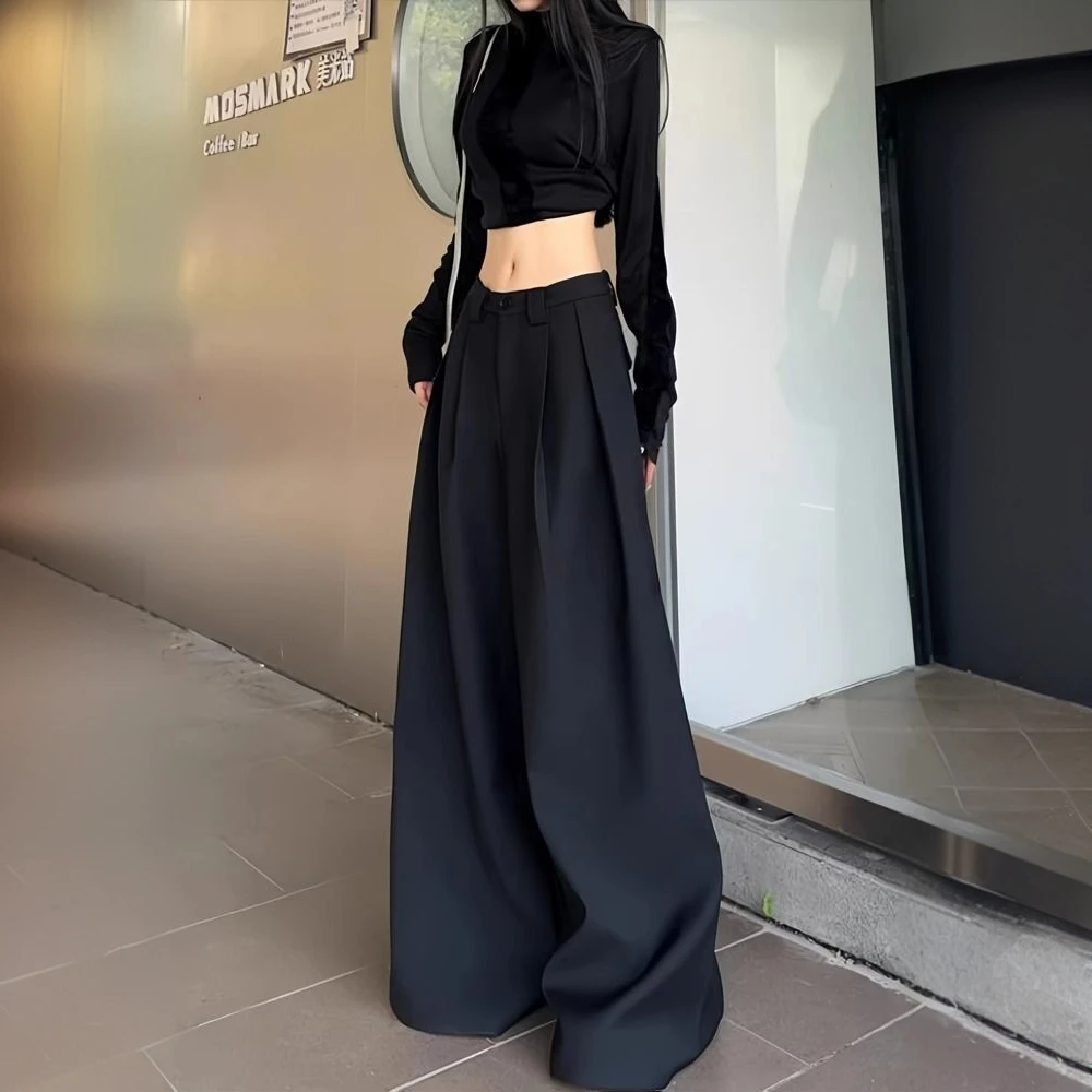 高级感黑色西装裤女春季直筒裤高腰垂感拖地裤休闲阔腿裤加长裤子