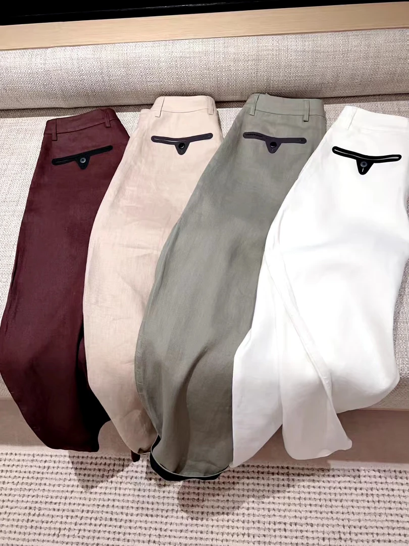 【KZ】植系胶廓 松弛感口袋压胶边亚麻宽松阔腿裤 10405
