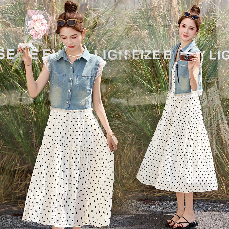 波点吊带连衣裙女牛仔马甲搭配一整套装2025夏季新款超好看两件套