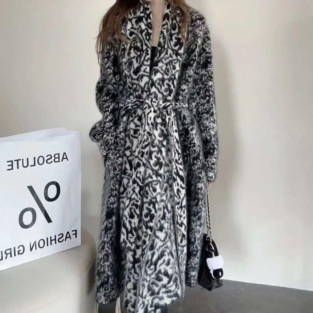 【百分百山羊绒】拉绒工艺241445-100羊绒慵懒复古拼色提花针织大衣