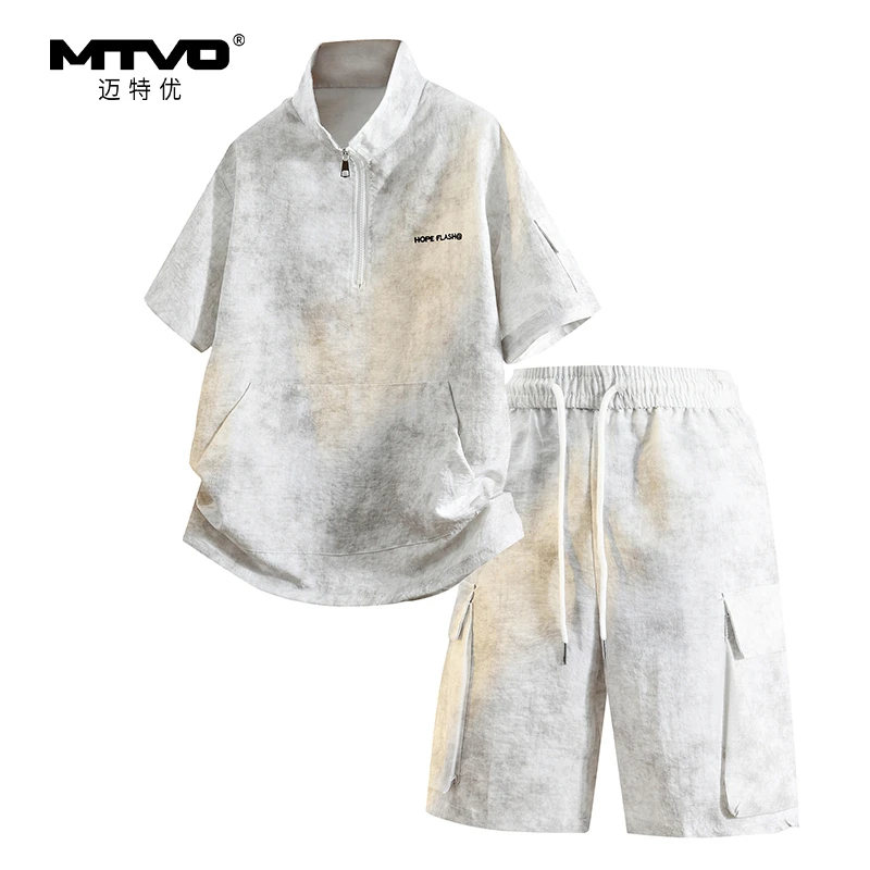 3D镂空脏脏风巴黎短袖短裤工装套装男新款夏季薄款速干半高领t恤