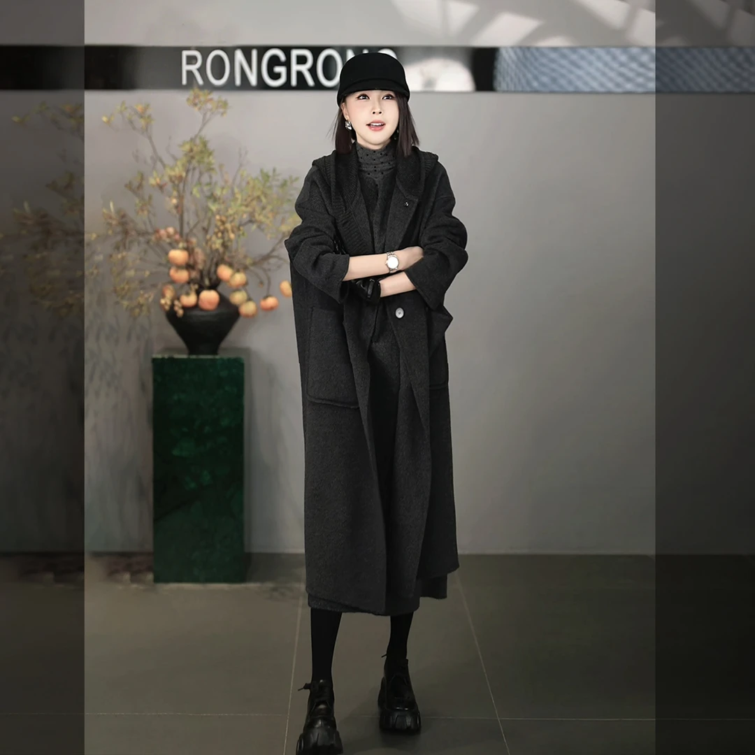 溶溶【暖意时光】RONGRONG 绵羊毛山羊绒混纺连帽毛呢大衣2512K903
