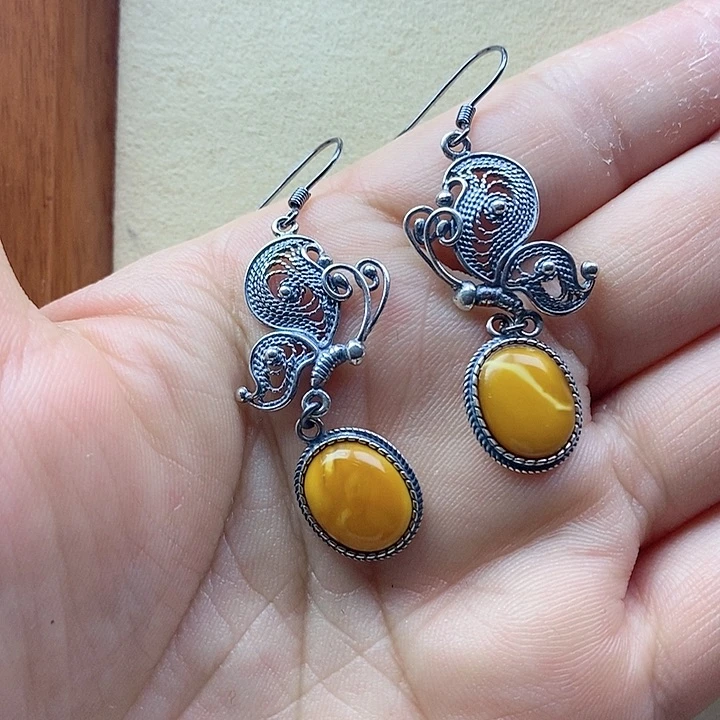 银S925镶嵌蜜蜡耳饰蜜蜡耳坠