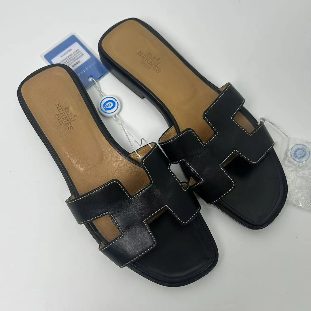 95新 Hermes/爱马仕 37码/米亚女鞋/黑色H女士时尚经典平底拖鞋hj