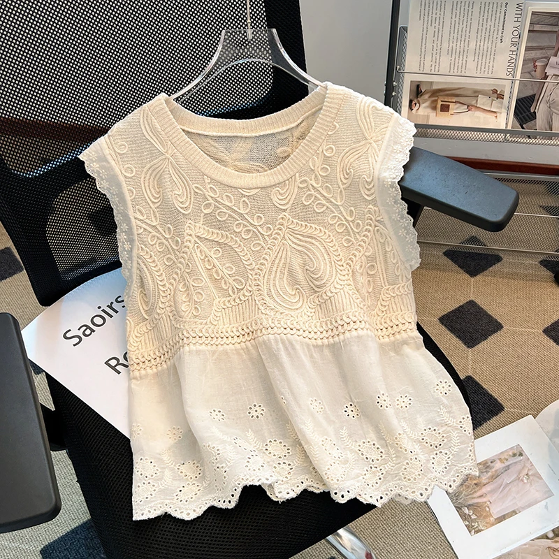 法式镂空提花背心蕾丝衬衫女2025夏新款宽松显瘦衬衣气质无袖上衣